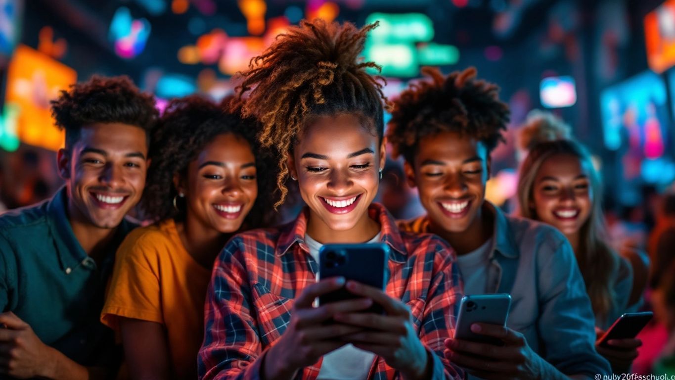 Diverse group of young people using smartphones joyfully.