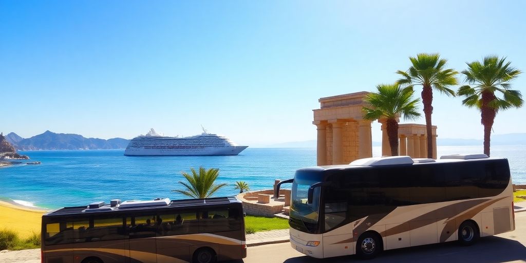 Cruise ship, bus, ancient ruins, beach, mountains