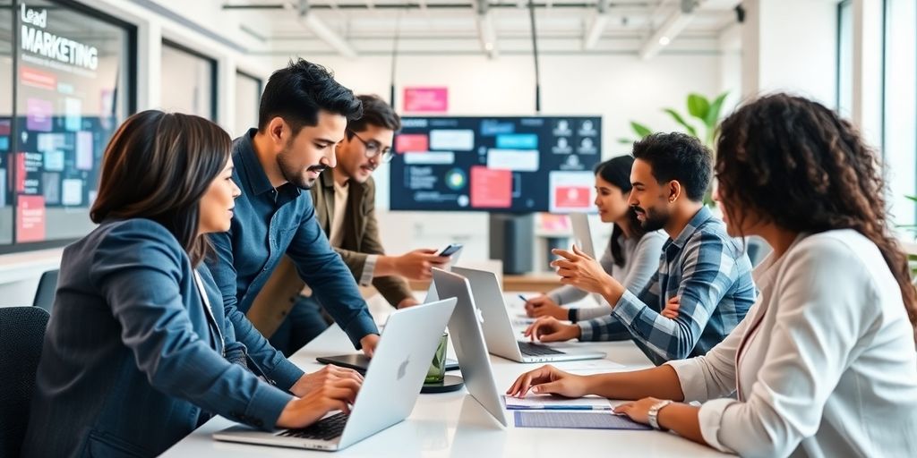 Profissionais de marketing digital em ambiente de escritório moderno.