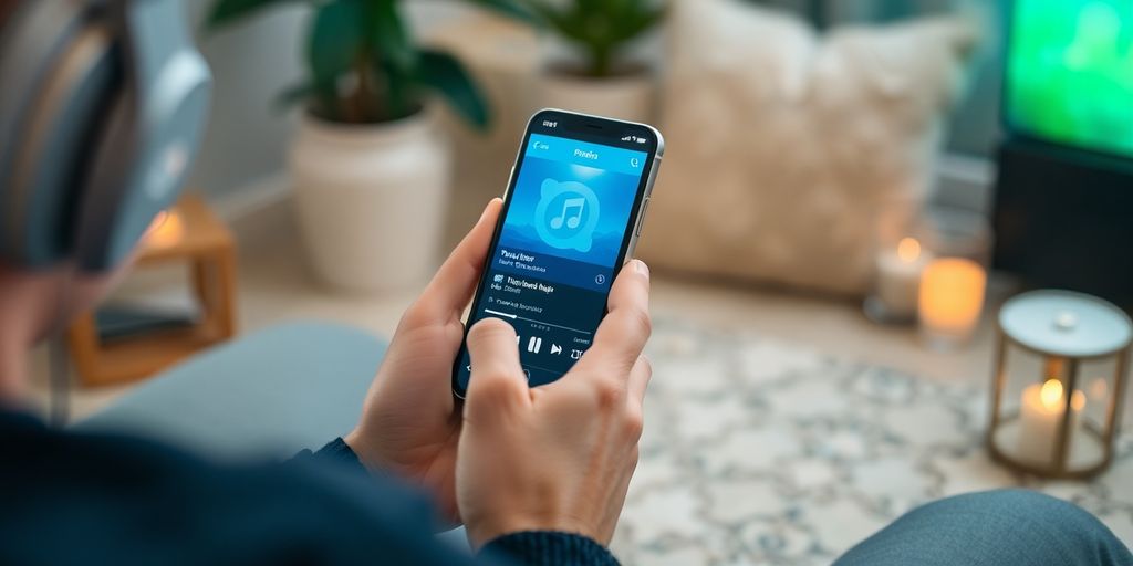 Person interacting with Pandora Music app on smartphone.
