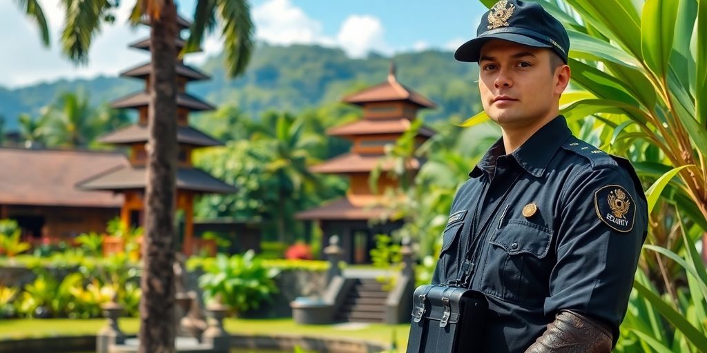 Private security officer in Bali with lush background.