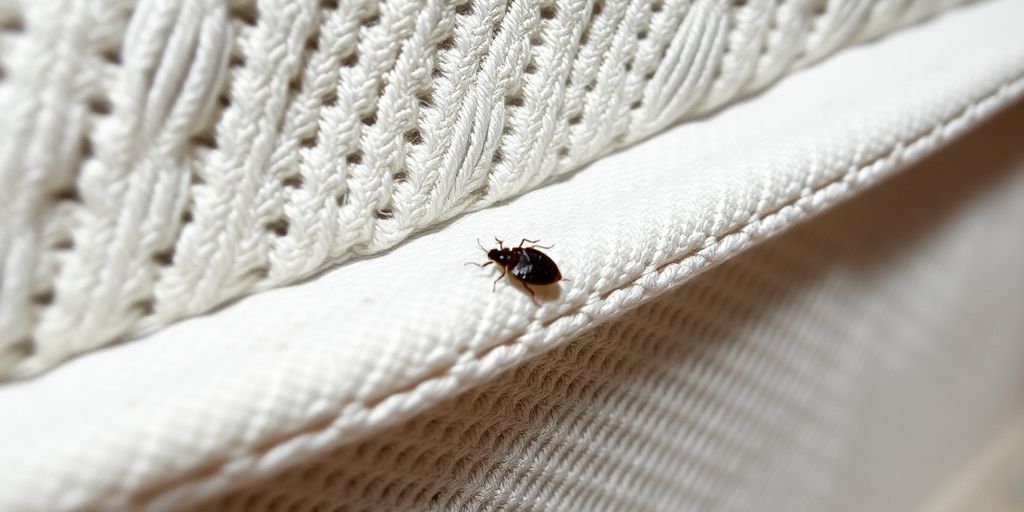 Close-up of a bed bug on a mattress seam.