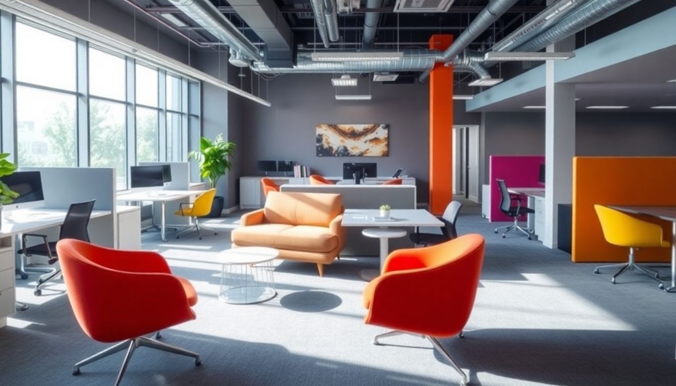 Modern office interior with sleek furniture and natural light.