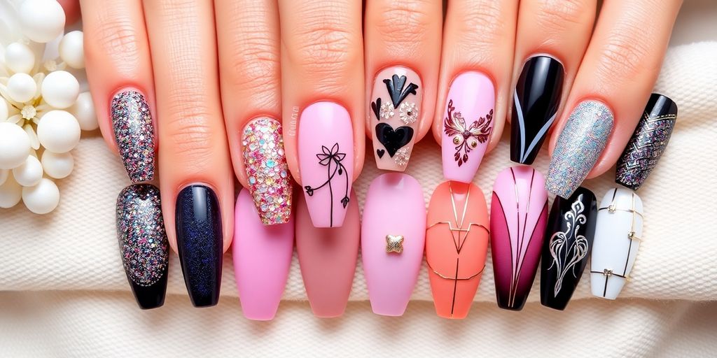 Colorful gel nails with intricate designs and styles.