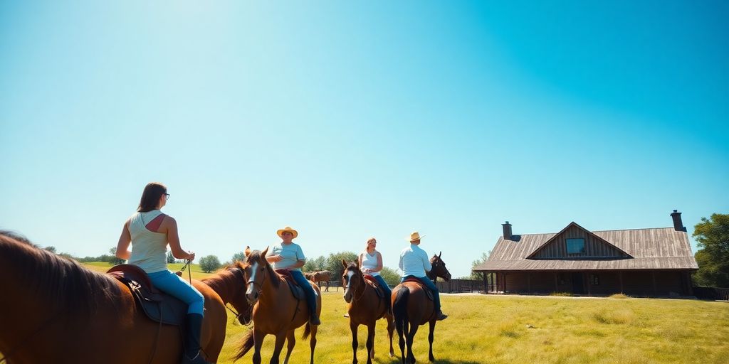 Family horseback riding at a Texas dude ranch.