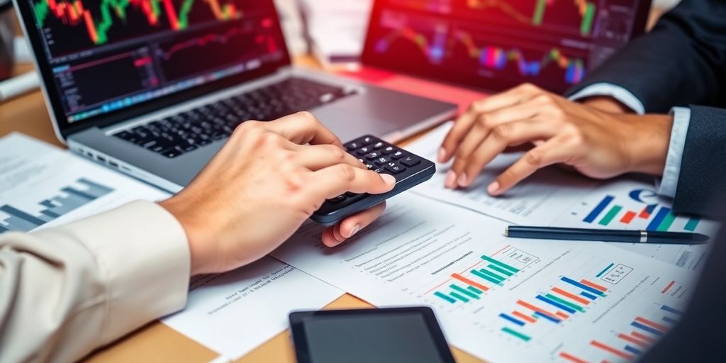 Trader analyzing options trading data with calculator and laptop.