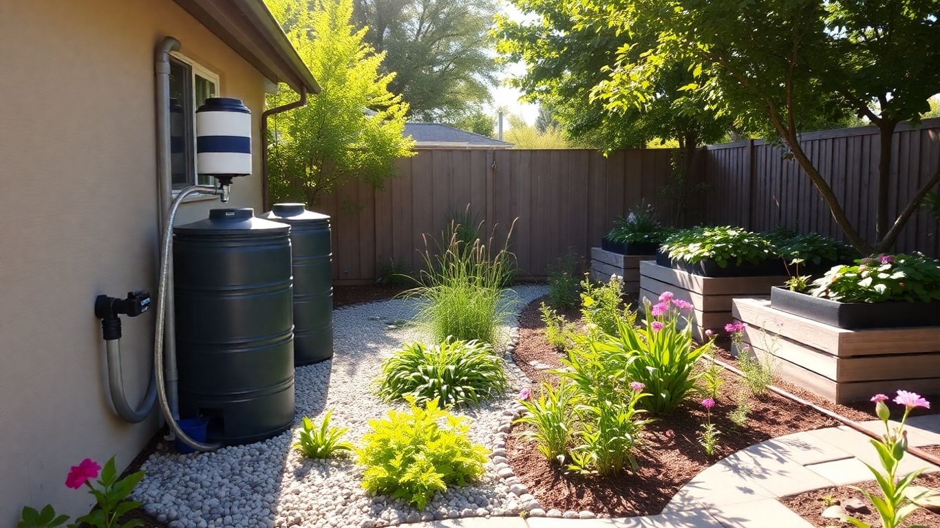 Rain barrels, graywater reed bed, drip irrigation watering backyard garden.