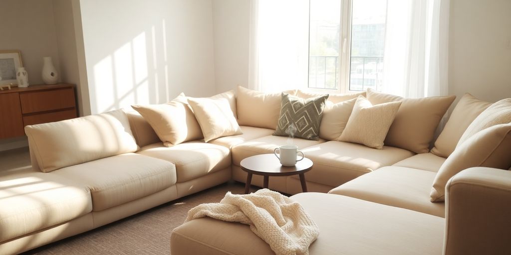Cozy living room with large, inviting modular couch.