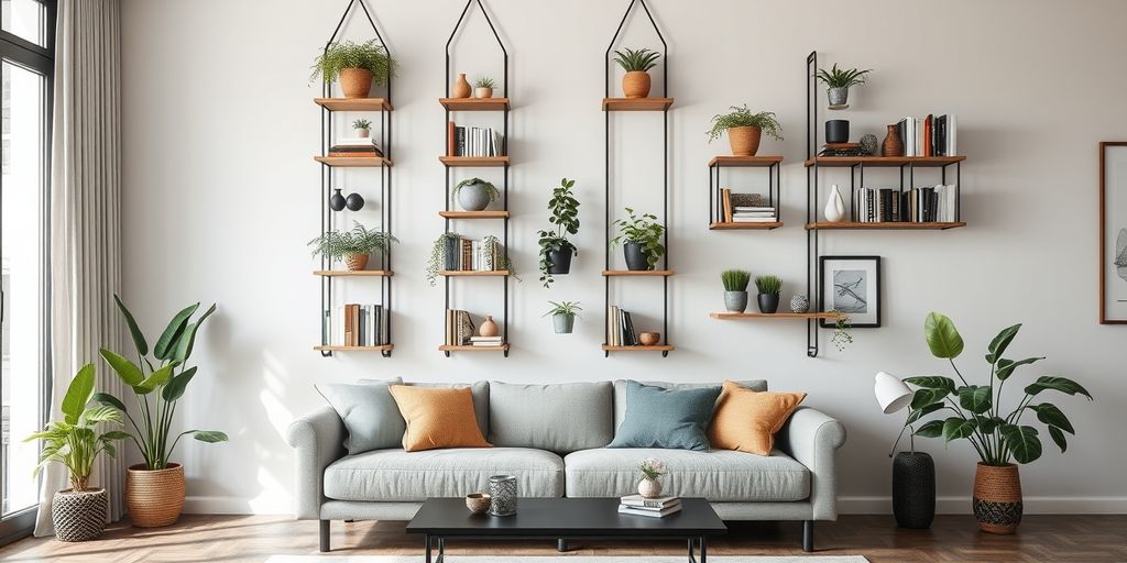Living room with vertical hanging racks and decor items.