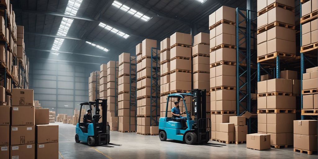 Warehouse interior with stacked boxes and a forklift, illustrating e-commerce storage and seasonal preparation.