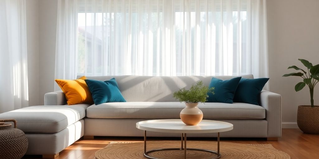 Gray custom sofa with colorful pillows in modern living room