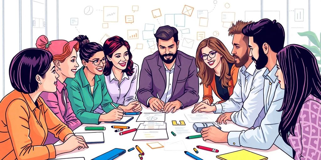 Diverse marketing experts collaborating in a vibrant office setting.