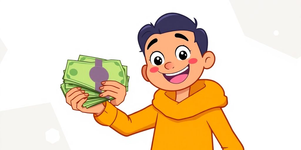 Cartoon person holds cash, smiling.