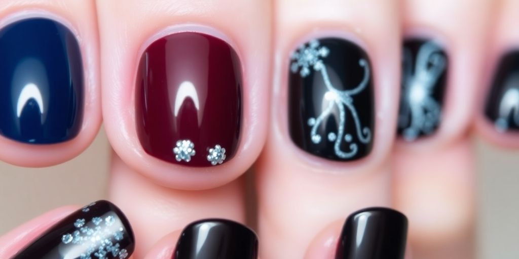 Unhas decoradas com tons escuros e detalhes elegantes.