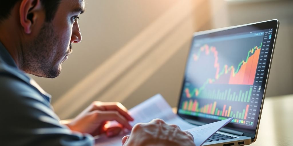 Person studying stock market charts.