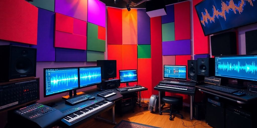 Colorful music studio with production equipment and screens.