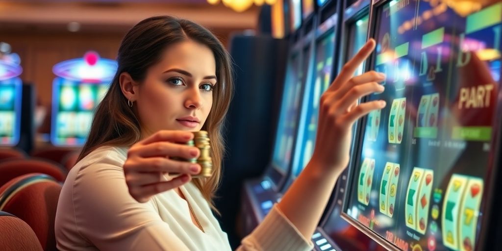 Woman managing casino slot machine bankroll.