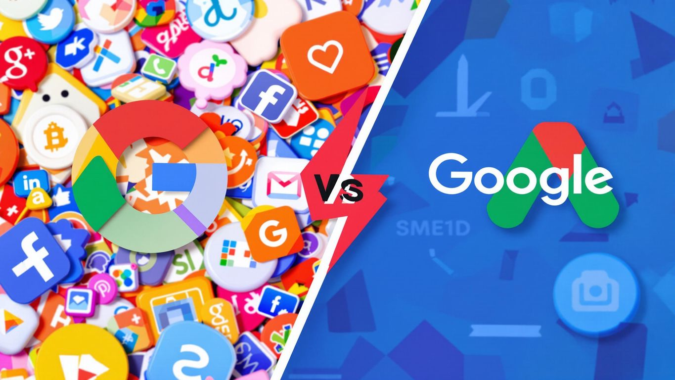 Facebook og Google ikoner med fargerik bakgrunn.