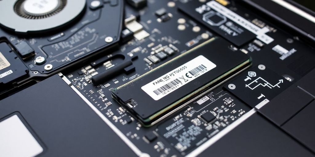 Componentes internos de um laptop em close-up.