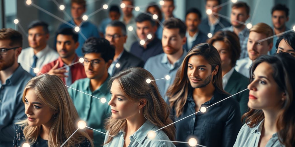 Business professionals observing a glowing network of connected people.