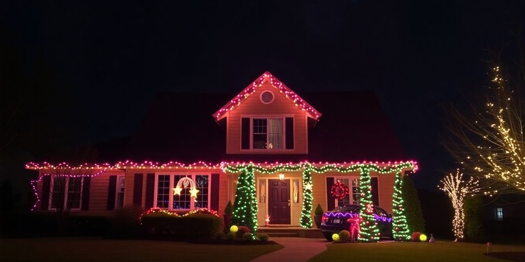 Beautifully illuminated house exterior with vibrant Christmas lights.