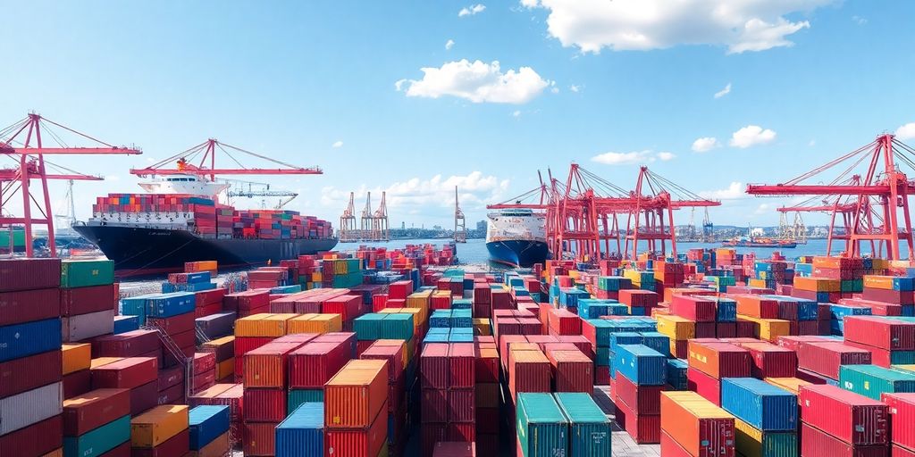 Shipping containers stacked at a busy port.