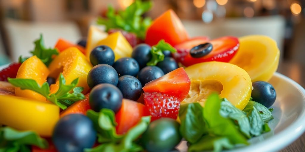 Colorful plate of fresh fruits and vegetables.