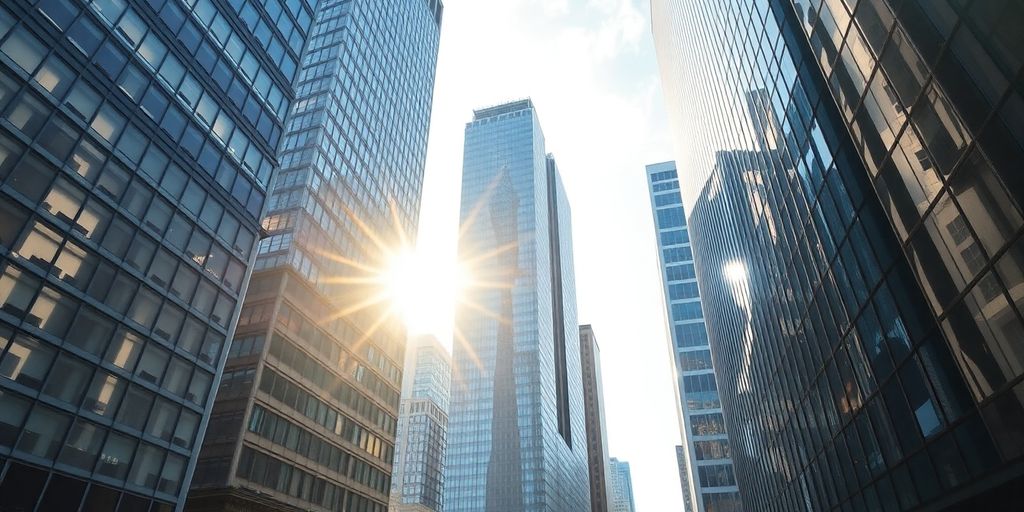 New York City skyline with financial district skyscrapers.