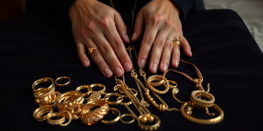 Main tenant des bijoux en or variés.