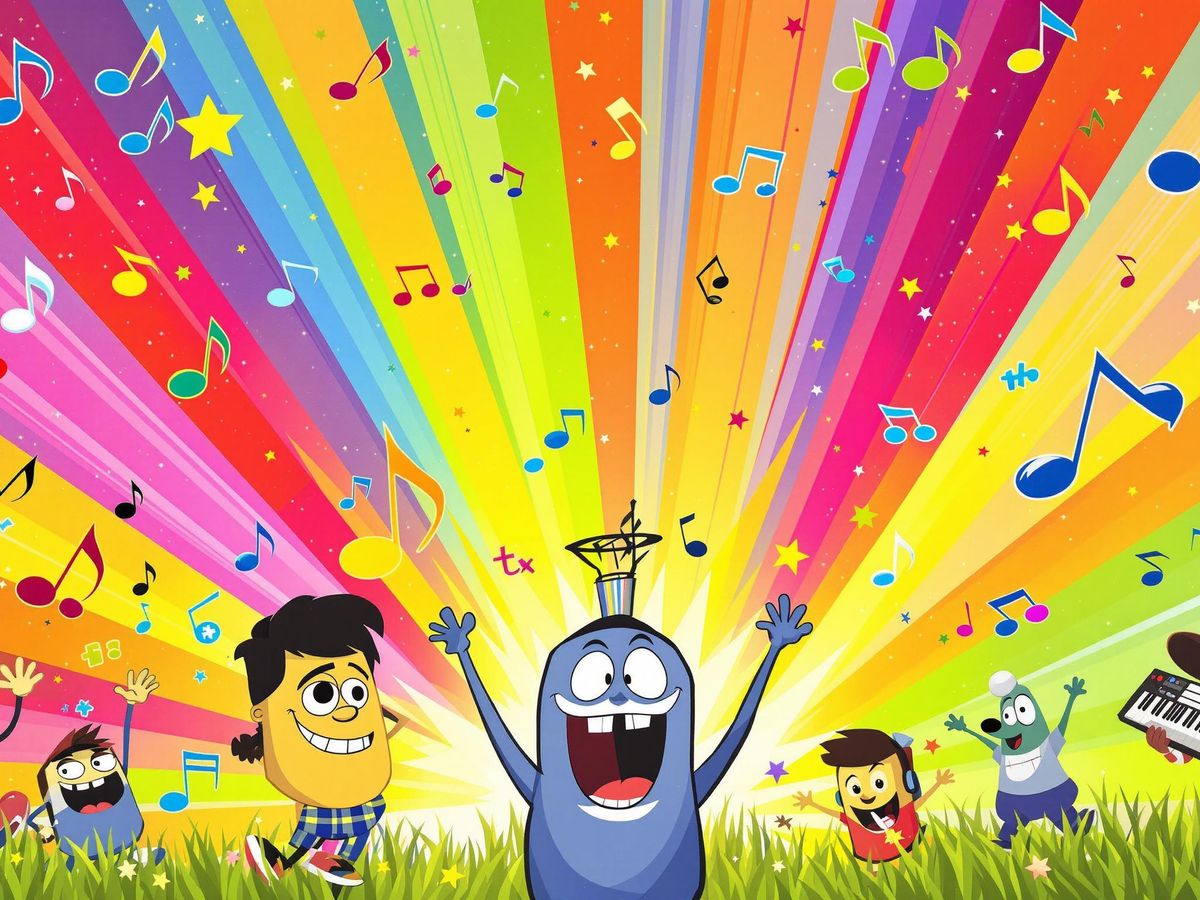 Colorful music notes and playful characters enjoying music.
