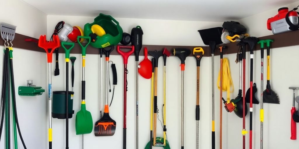 Organized garage with vertical lawn tool storage solutions.