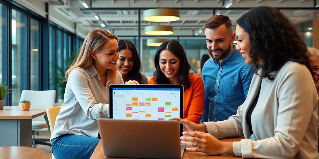 Diverse Team arbeitet an digitalem Kalender im Büro.