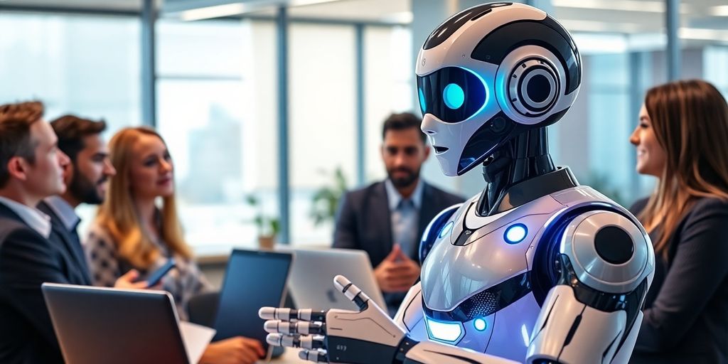 Futuristic AI sales bot with business professionals in office.