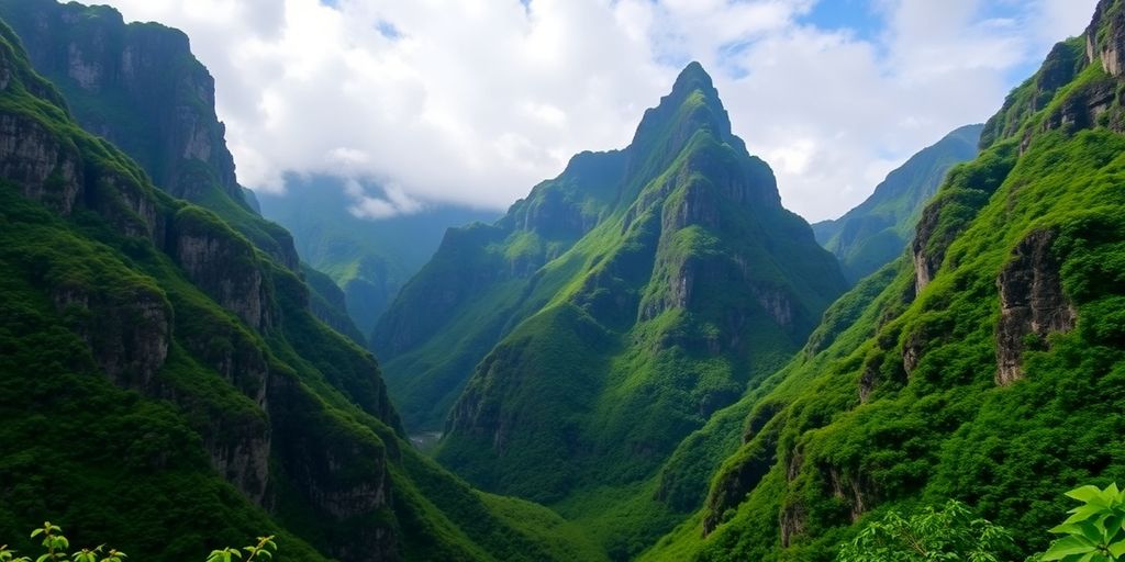 Towering cliffs meet lush green valleys on Nuku Hiva.