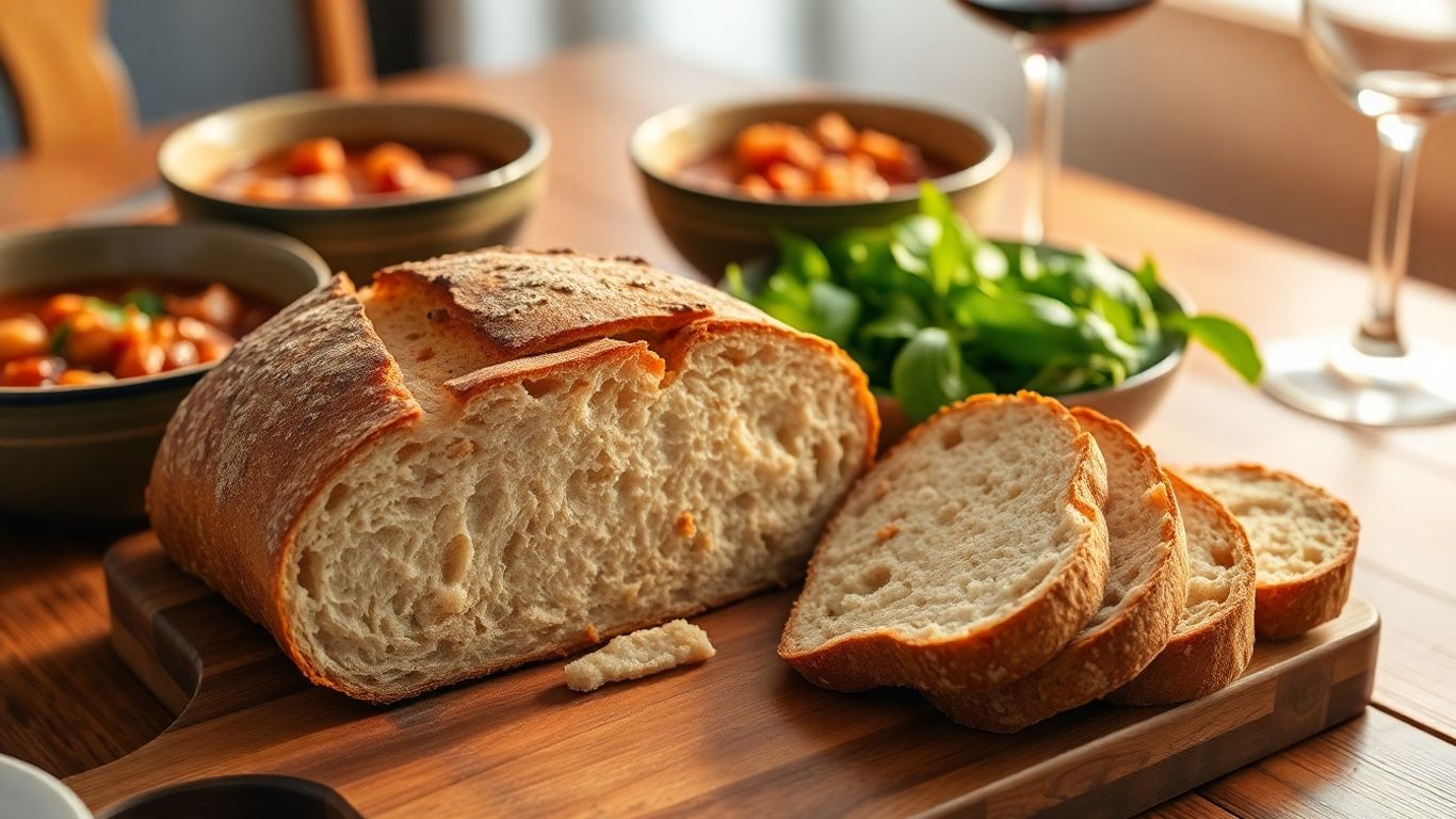 Rustic loaf of bread with hearty dinner spread.