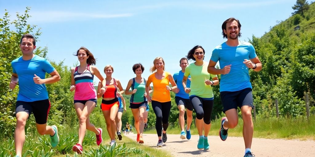 A group of diverse runners enjoying a scenic trail run.