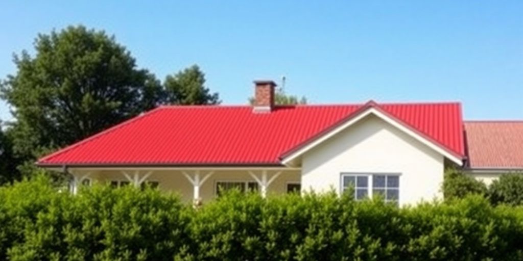 Casa con techo rojo y jardín verde.