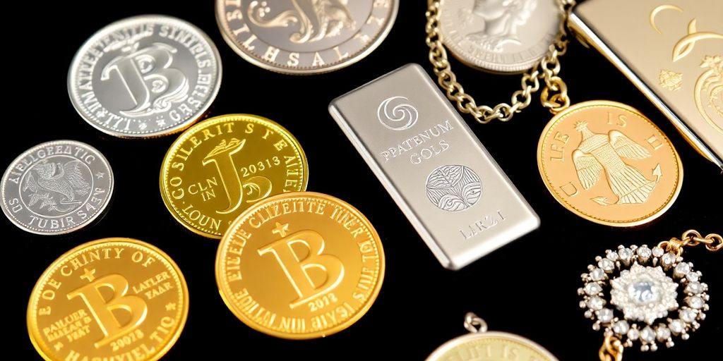 Différents alternatives à l'or, y compris des pièces et bijoux.
