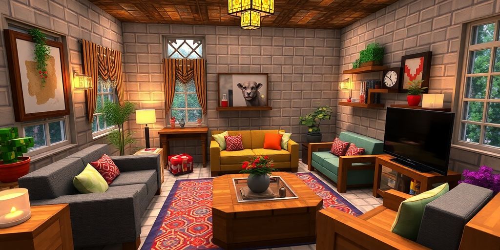 Colorful Minecraft living room with cozy furniture and décor.