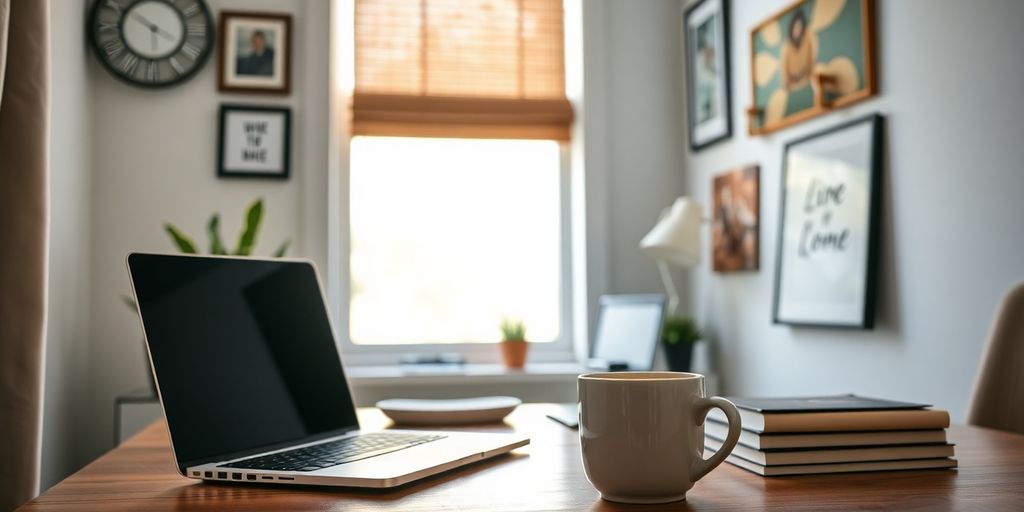A cozy home office with a laptop and coffee.