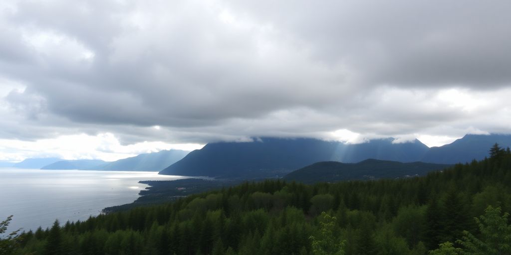 Lush Ketchikan landscape with mountains and ocean under clouds.