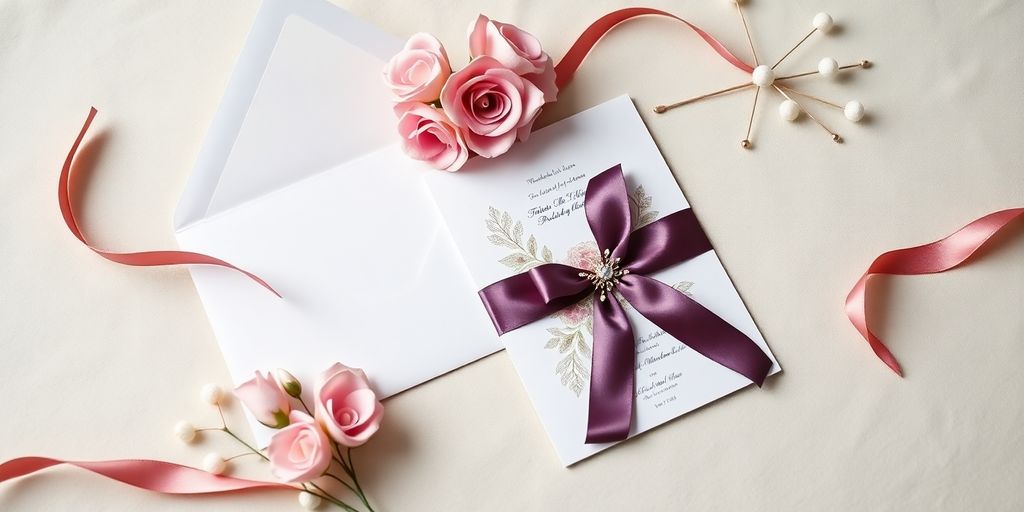 Elegant wedding invitation and envelope with floral accents.