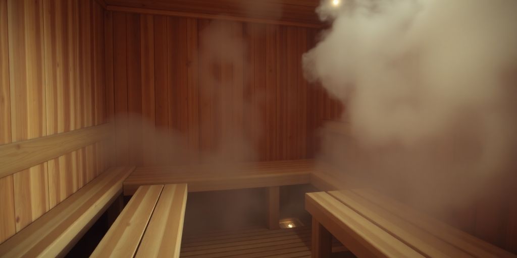 Cozy wooden sauna interior with warm glow.