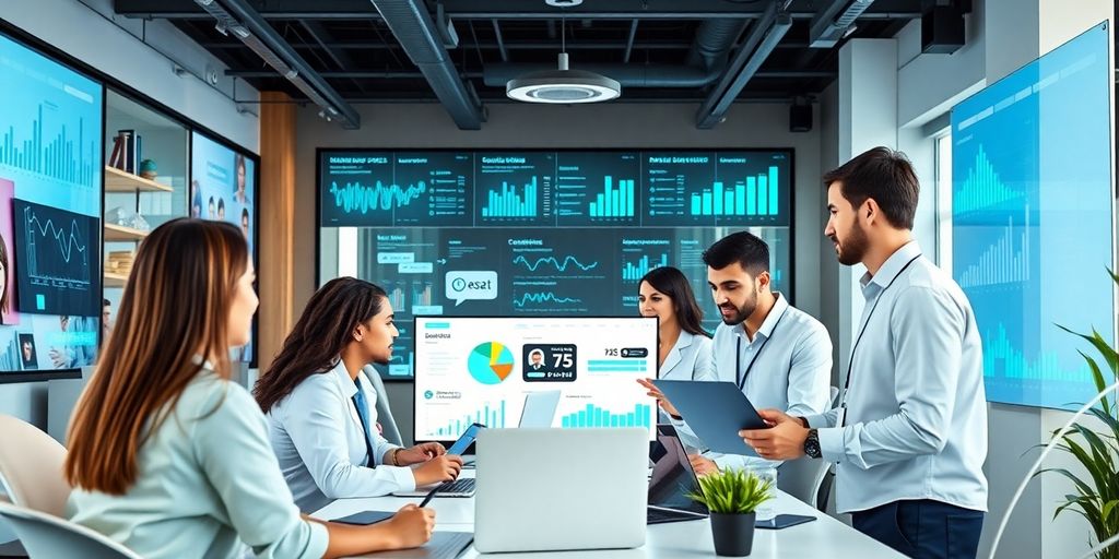 Profissionais de marketing digital em um escritório moderno.