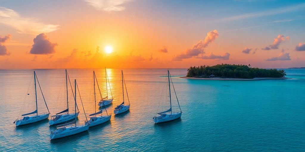 Sailboats anchored in a calm turquoise bay