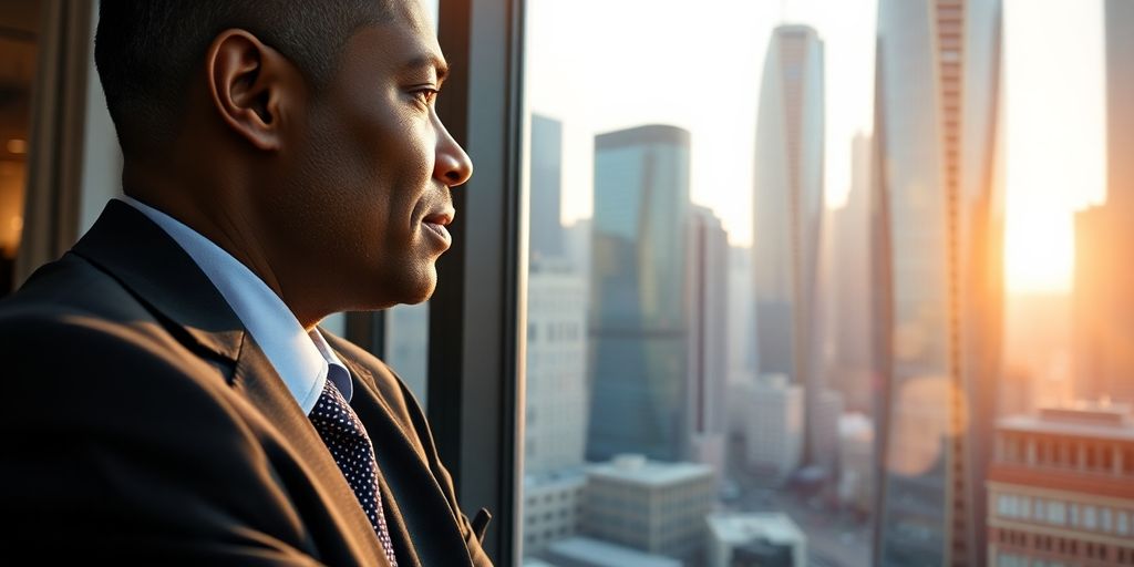 Financial professional looking at futuristic city.