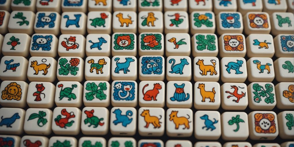 Mahjong animal tiles with vibrant designs in a grid.