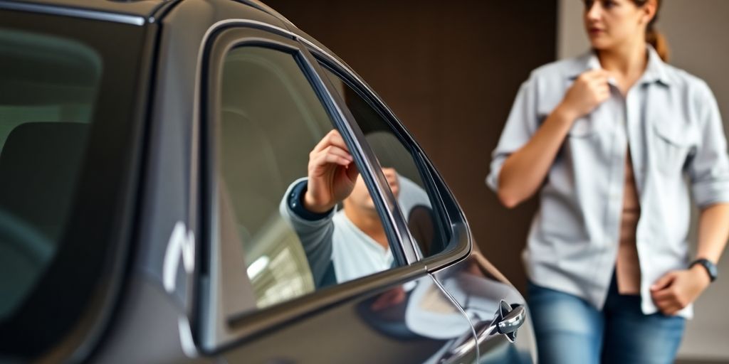 A person standing next to a parked car.