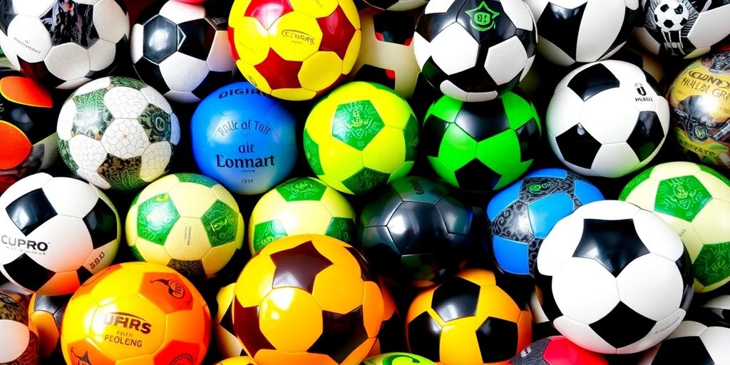 Brightly colored soccer balls arranged artistically.
