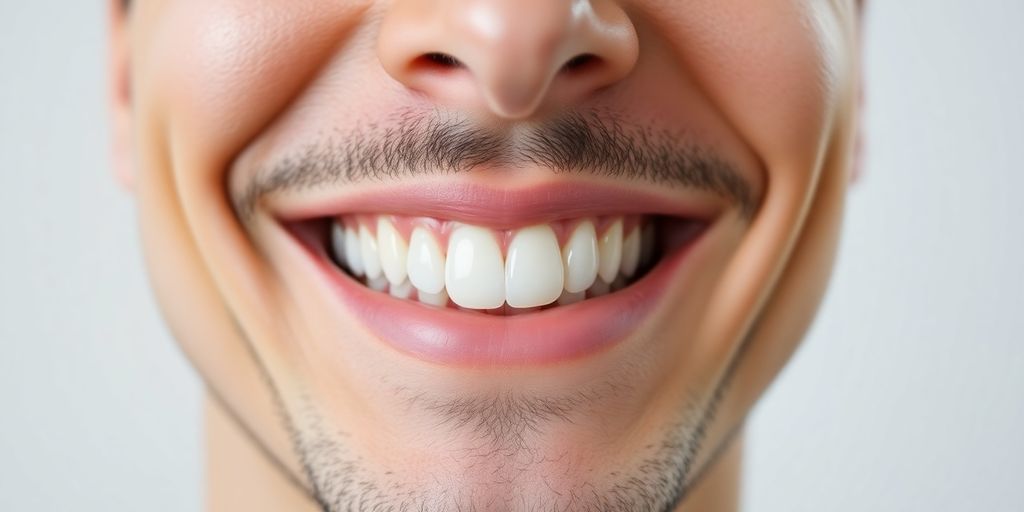 Smiling adult with straight teeth after orthodontic treatment.